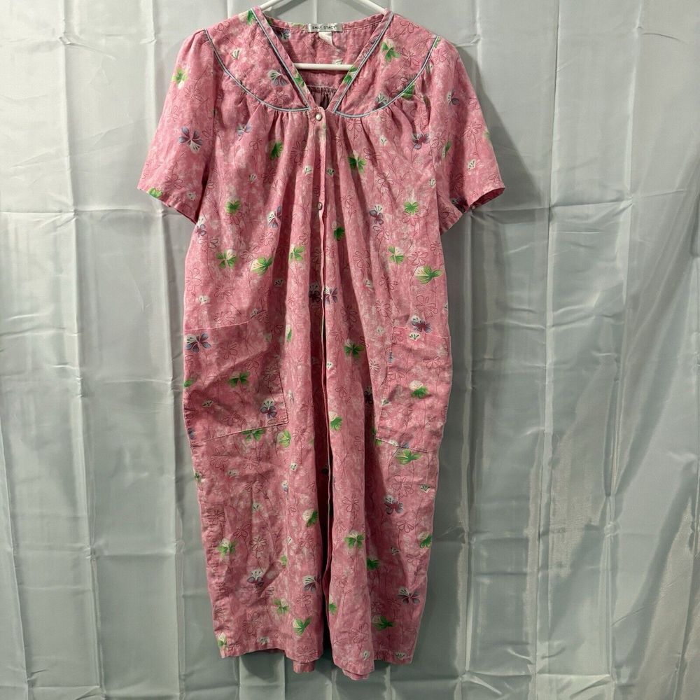 Womens XL Nightgown Pink Flowers Grandma Pajamas Pear Button House Coat Lounge